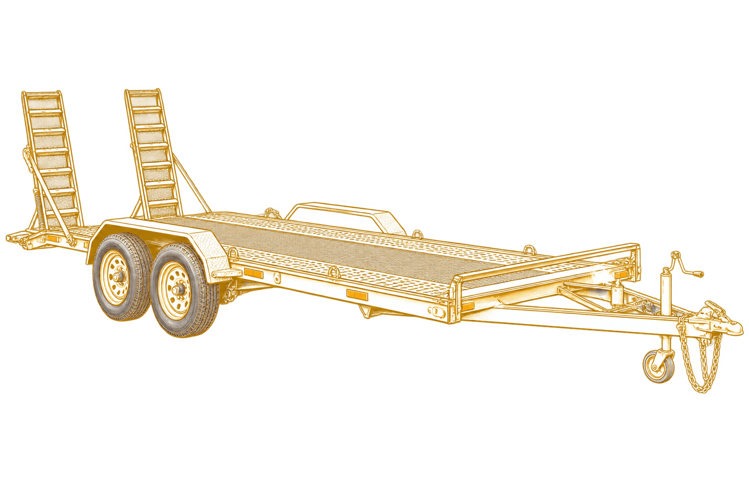 Line drawing of a tandem flatbed vehicle trailer with loading ramps